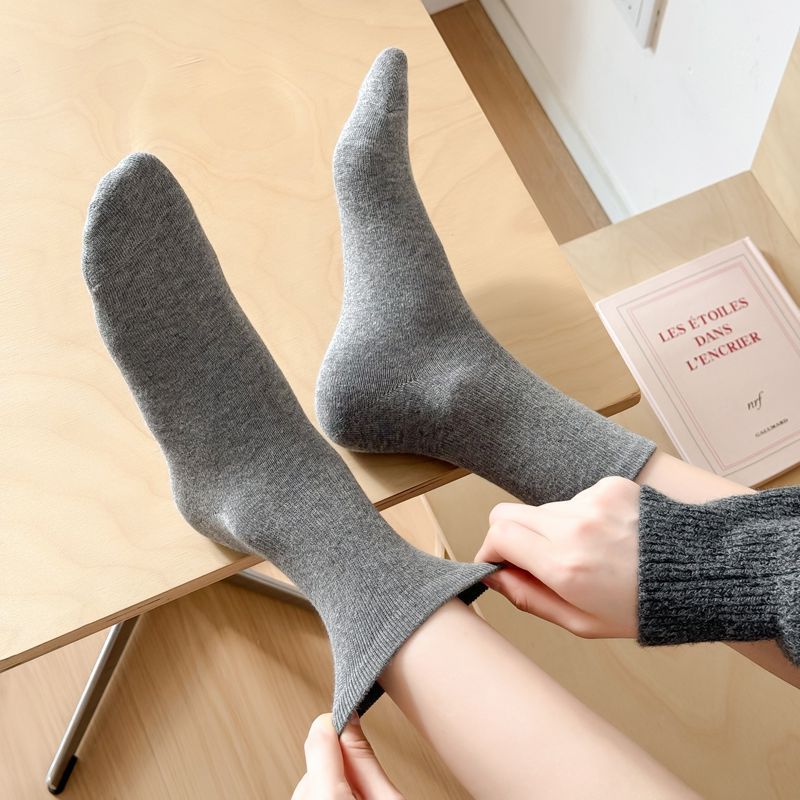Ribbed Cuff Cotton Crew Socks - DarkGrey - 4