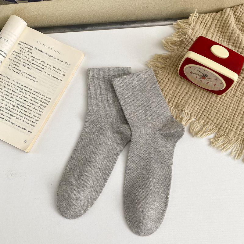 Ribbed Cuff Cotton Crew Socks - Gray