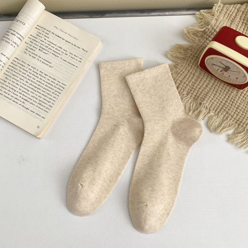 Ribbed Cuff Cotton Crew Socks - Khaki