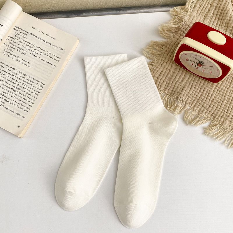 Ribbed Cuff Cotton Crew Socks - White