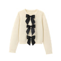 Satin Bow Front Crewneck Knit Cardigan - OffWhite