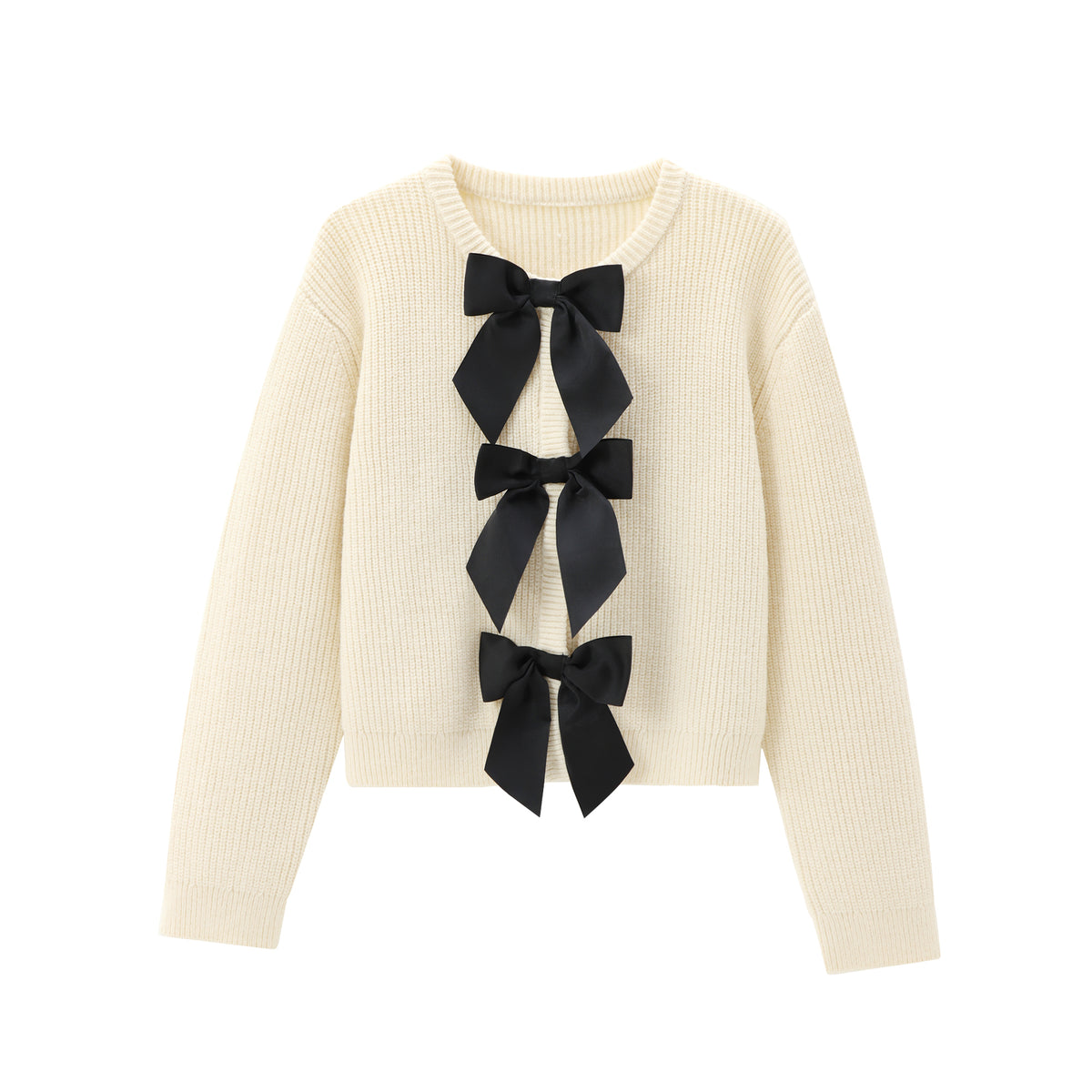 Satin Bow Front Crewneck Knit Cardigan - OffWhite
