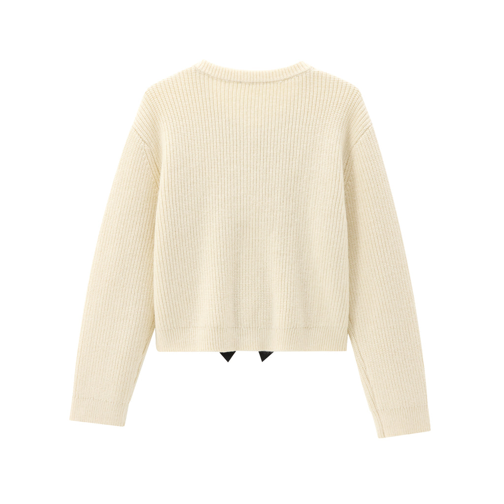 Satin Bow Front Crewneck Knit Cardigan - OffWhite - 1