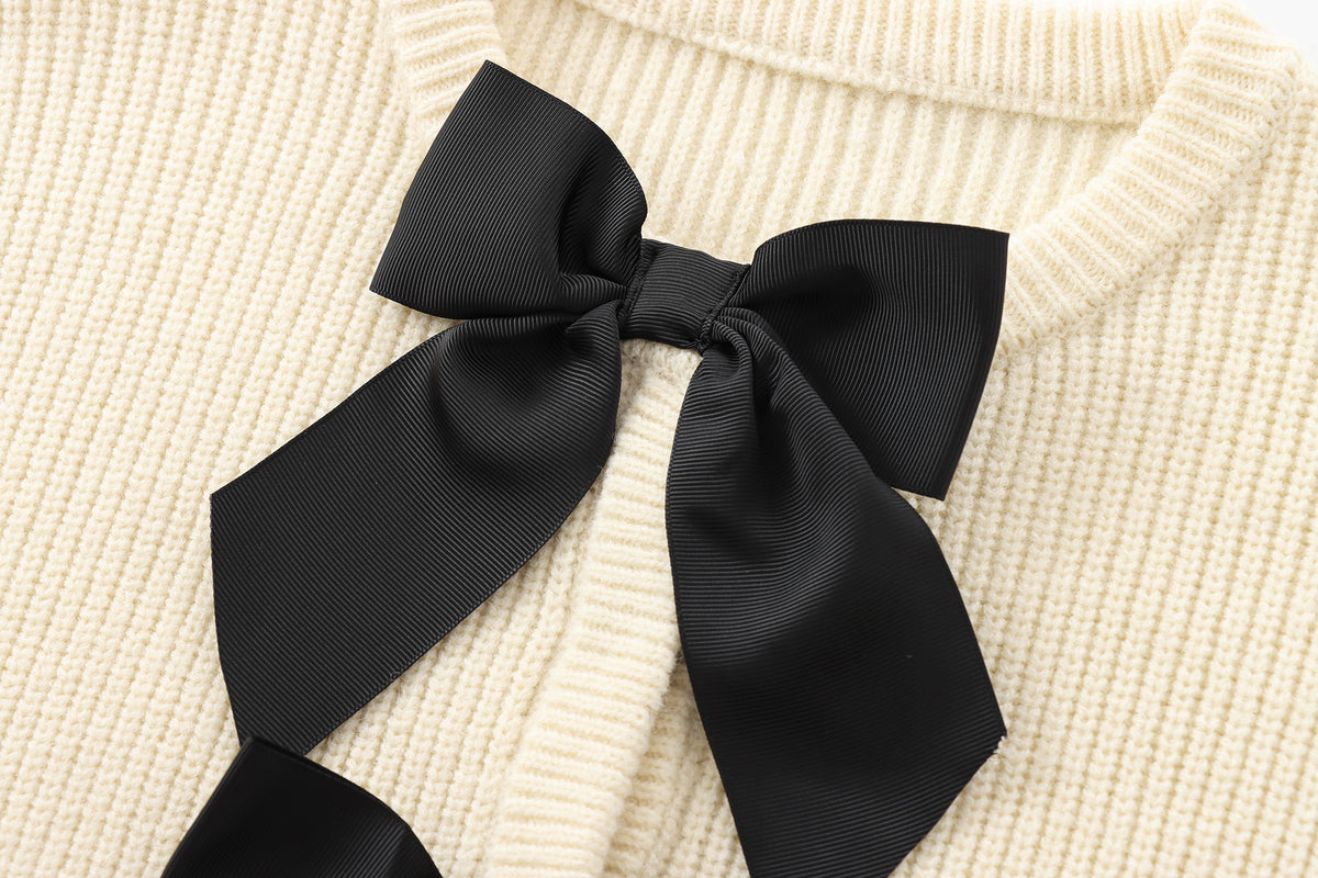 Satin Bow Front Crewneck Knit Cardigan - OffWhite - 2