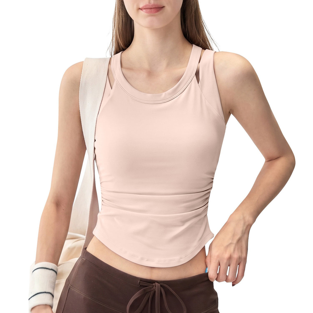 Ruched Layered Strap Padded Slim Fit Workout Tank