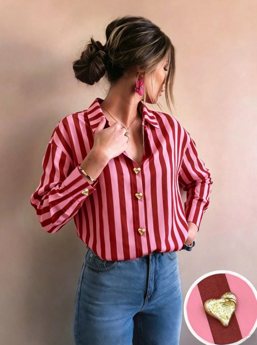 Vertical Stripe Shirt With Heart Buttons - Red - 1