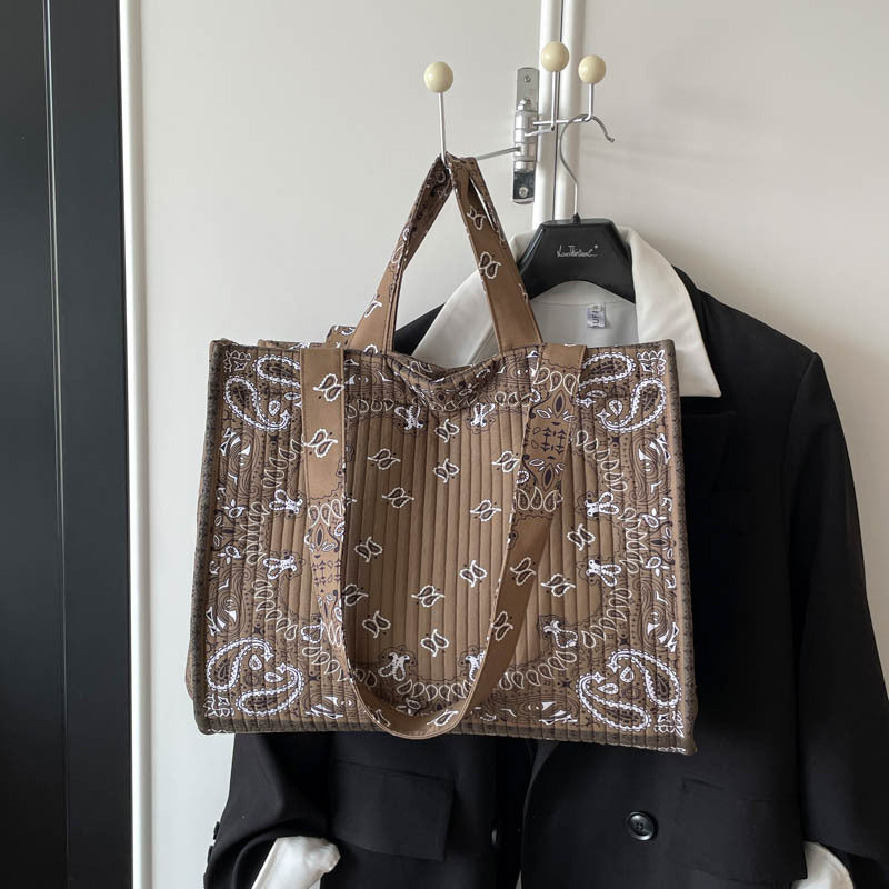 Paisley Bandana Quilted Large Shoulder Tote Bag - Brown