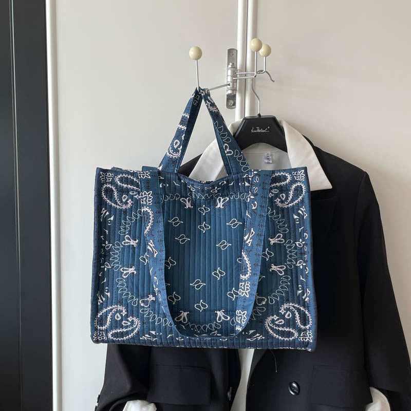 Paisley Bandana Quilted Large Shoulder Tote Bag - Dark_Blue