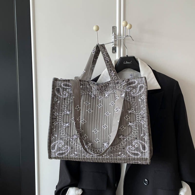 Paisley Bandana Quilted Large Shoulder Tote Bag - Grey
