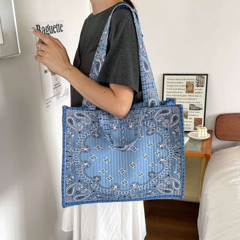 Paisley Bandana Quilted Large Shoulder Tote Bag - Light_Blue