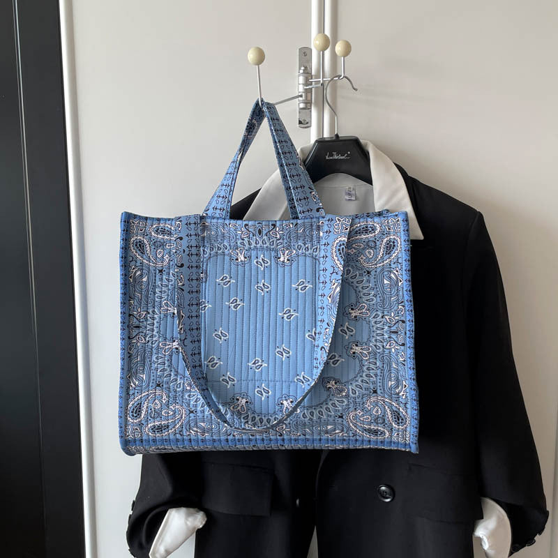 Paisley Bandana Quilted Large Shoulder Tote Bag - Light_Blue - 1