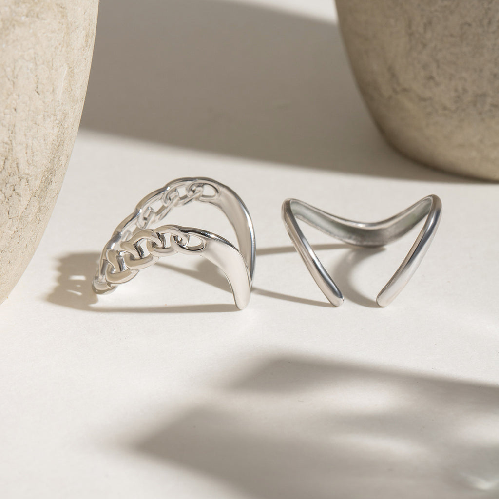 Chain Link Chevron Open Ring Set - Silvery-1 - 2