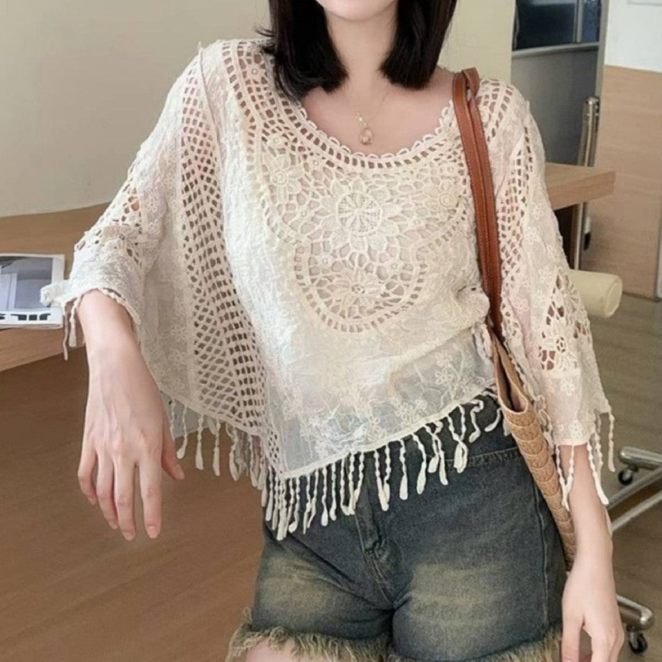 Boho Open Crochet Blouse With Fringe Hem - Apricot