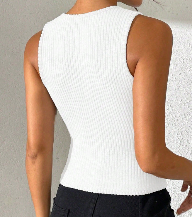 Ribbed Button Front Sleeveless Tank Top - white - 1