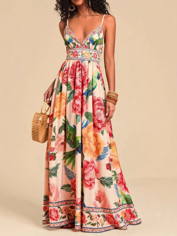 Tropical Floral Border Print Maxi Dress - Multi