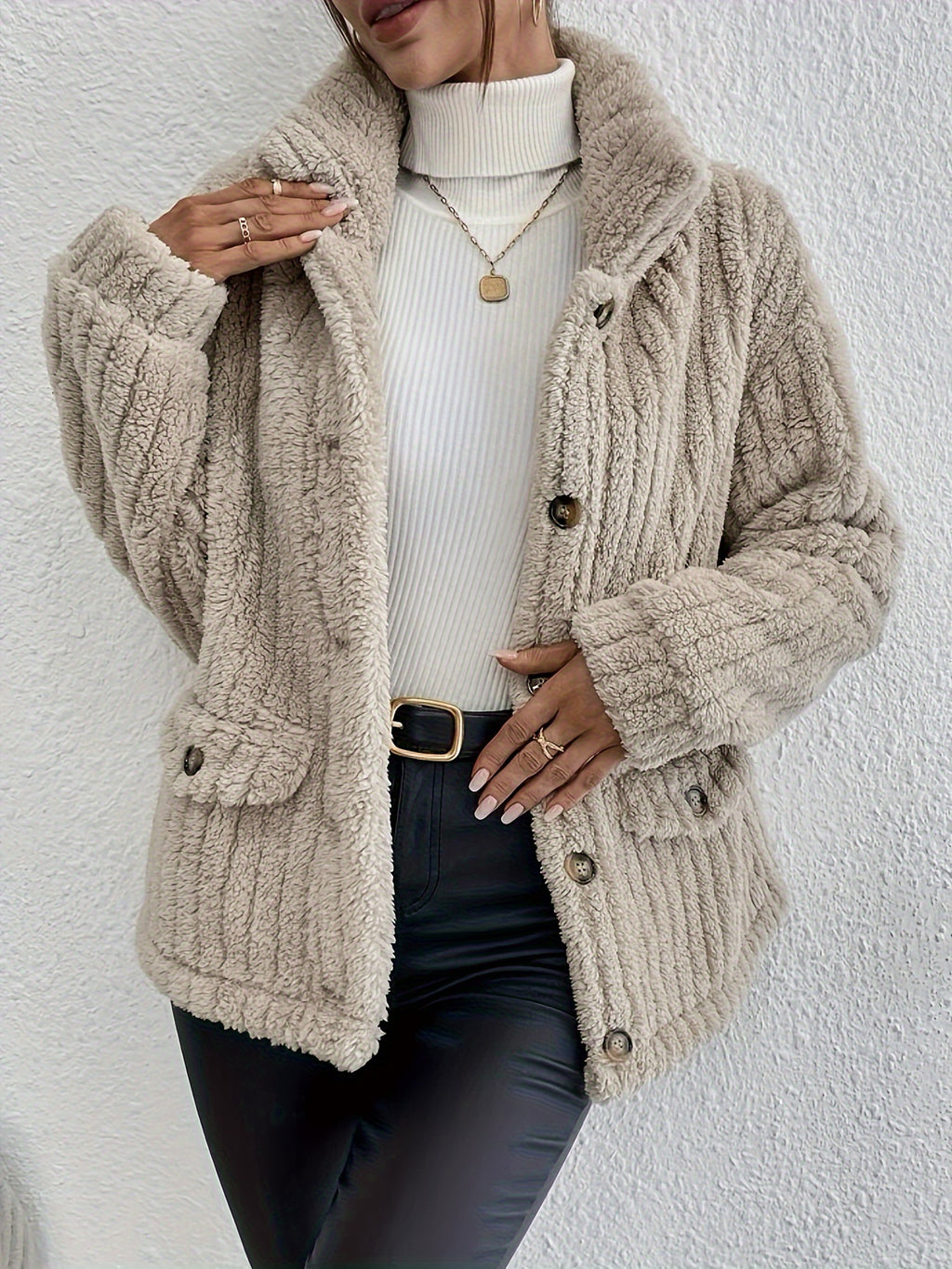 Ribbed Plush Stand Collar Button Coat - Khaki