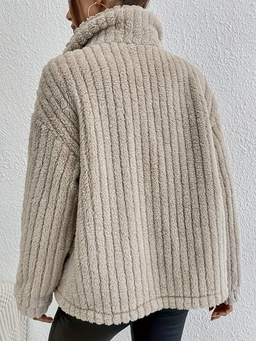 Ribbed Plush Stand Collar Button Coat - Khaki - 2