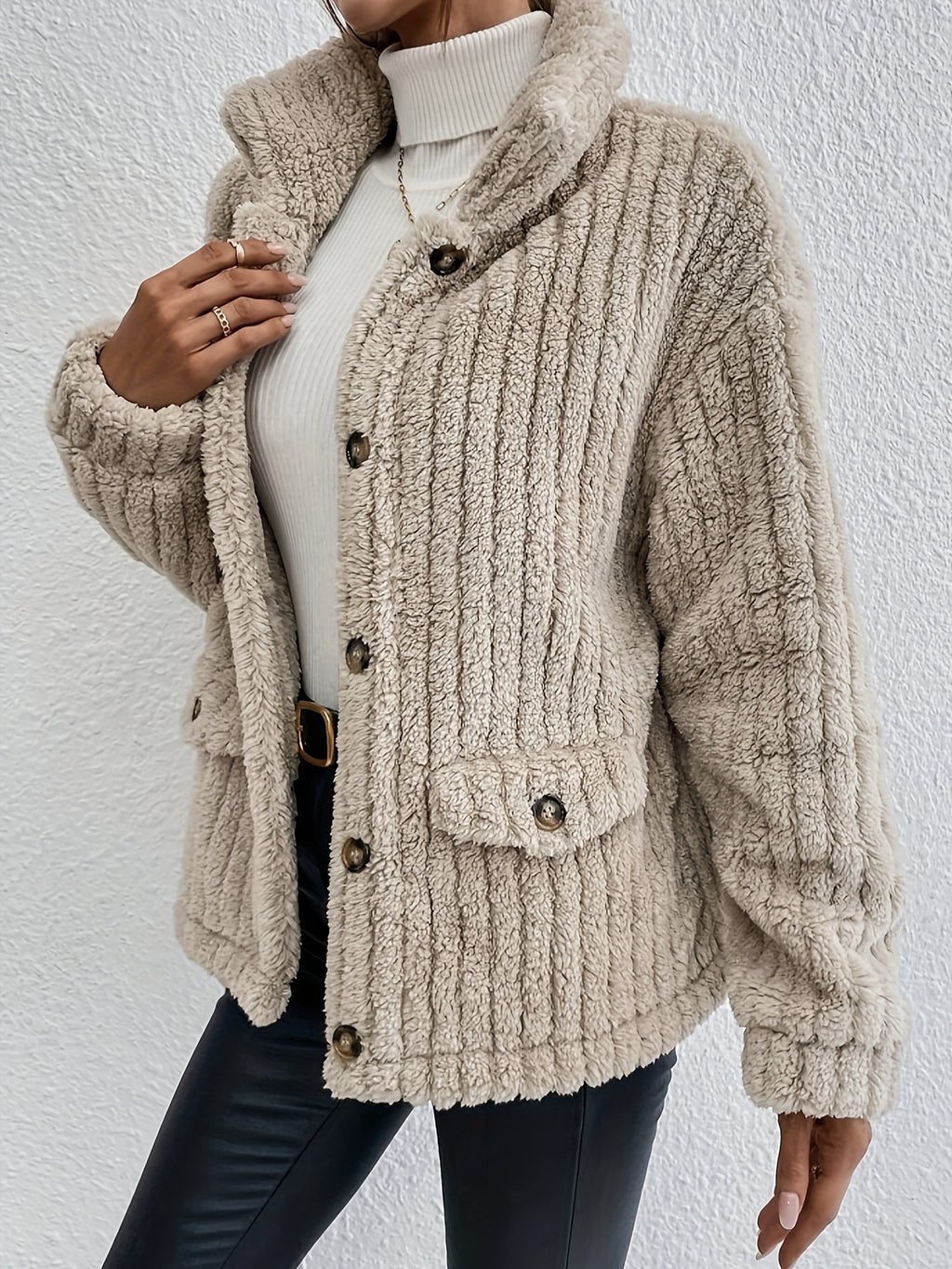 Ribbed Plush Stand Collar Button Coat - Khaki - 3