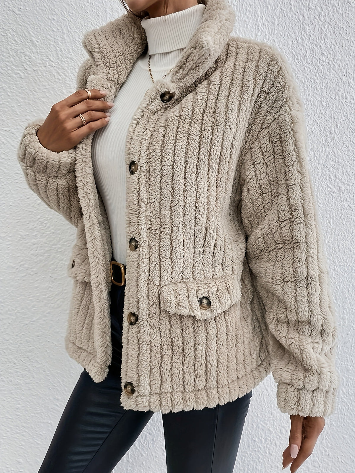 Ribbed Plush Stand Collar Button Coat - Khaki - 3