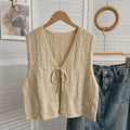 Textured Knit Tie Front Sleeveless Top - oats
