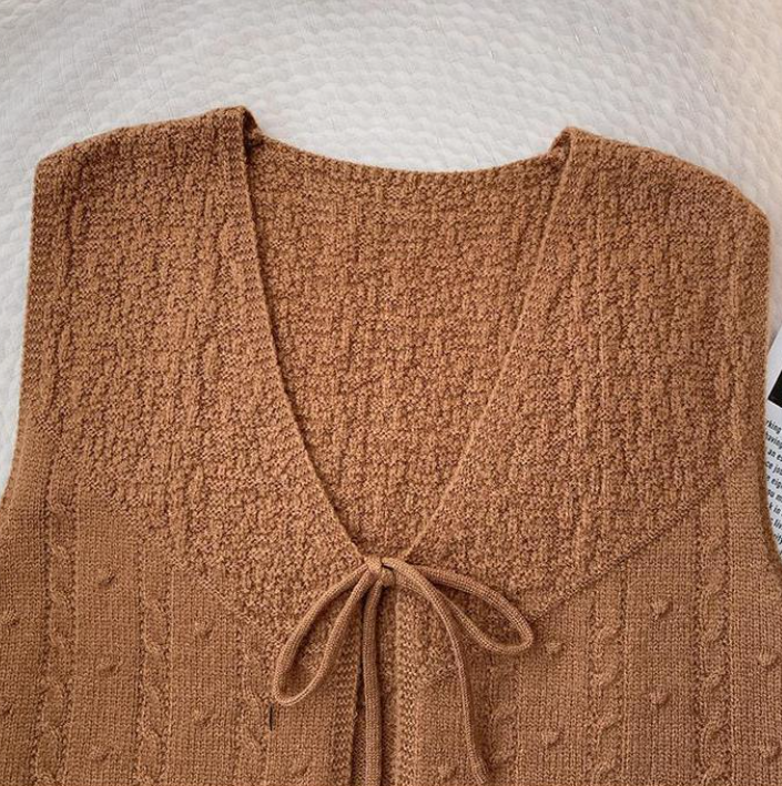 Textured Knit Tie Front Sleeveless Top - taupe - 1