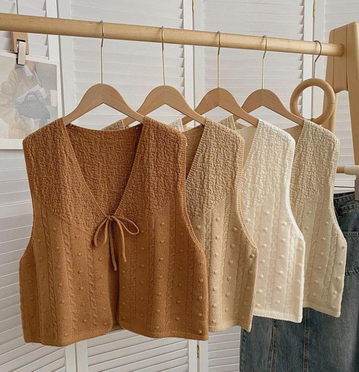 Textured Knit Tie Front Sleeveless Top - taupe - 6