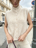 Fuzzy Knit Mock Neck Button Front Sleeveless Vest - Beige