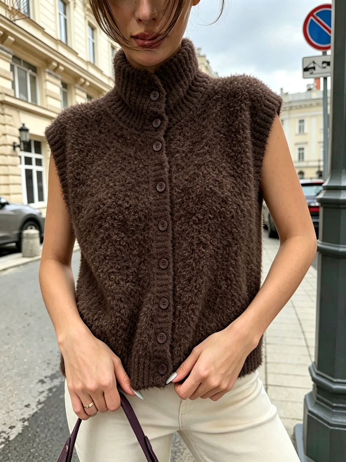 Fuzzy Knit Mock Neck Button Front Sleeveless Vest - Coffee