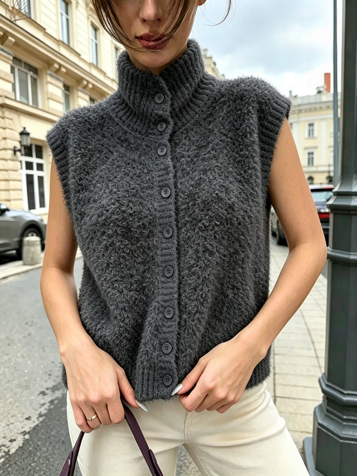 Fuzzy Knit Mock Neck Button Front Sleeveless Vest - Grey