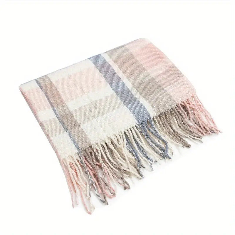 Oversized Check Fringed Scarf Shawl - Beige