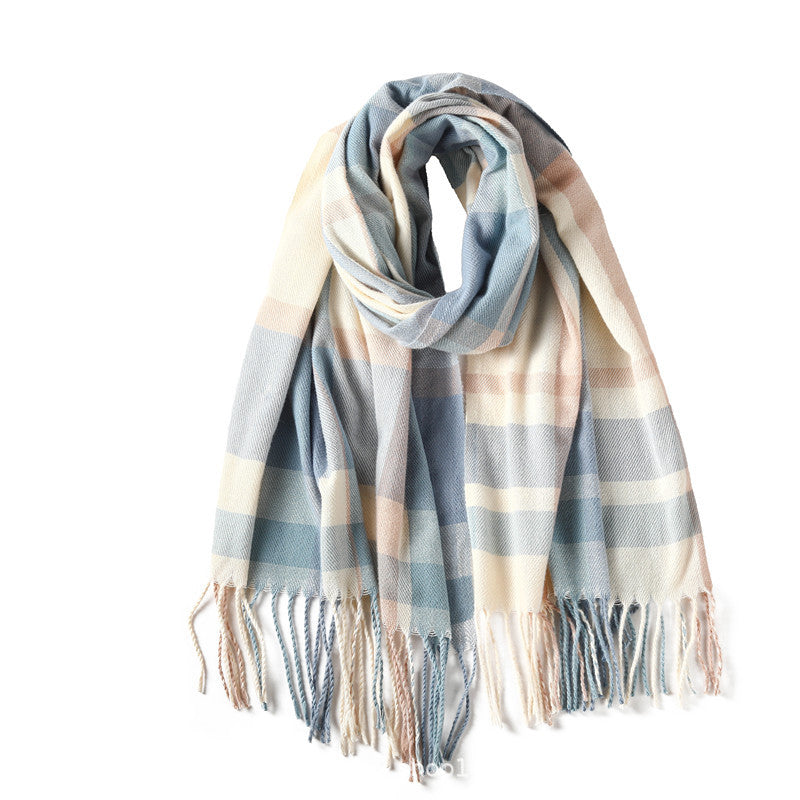 Oversized Check Fringed Scarf Shawl - Blue