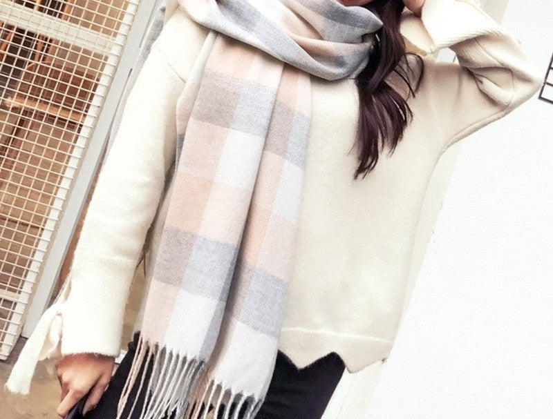Oversized Check Fringed Scarf Shawl - Gray