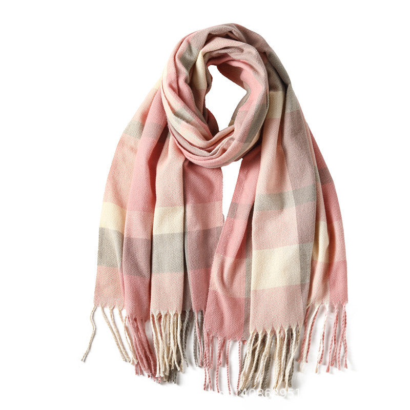 Oversized Check Fringed Scarf Shawl - Pink