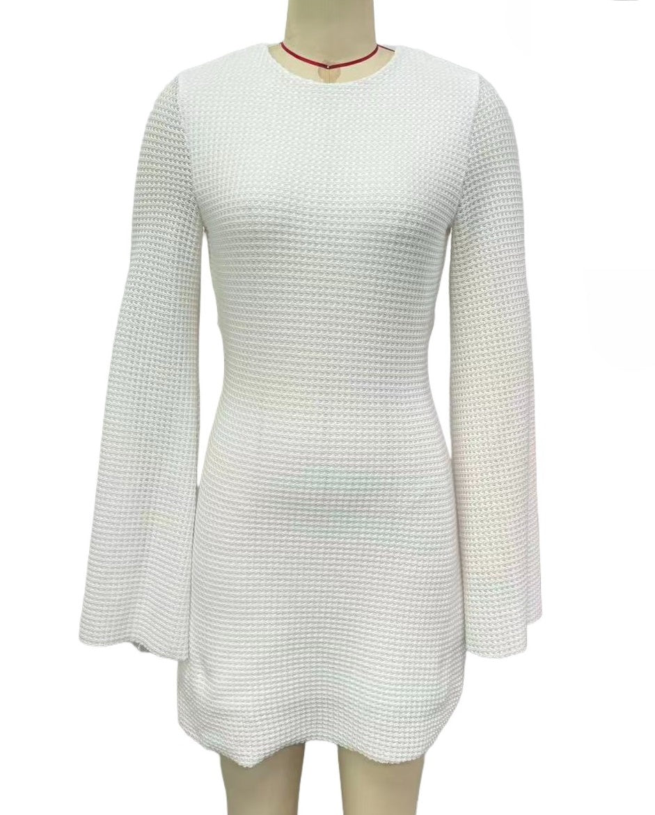 Waffle Knit Bell Sleeve Open Back Mini Dress