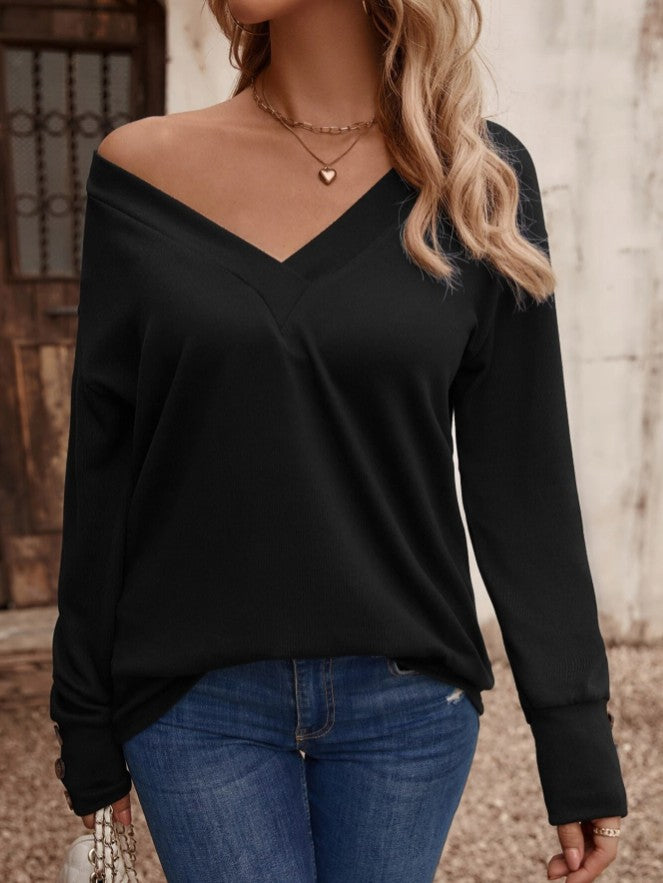 Deep V Neck Top With Button Cuffs - Black - 1