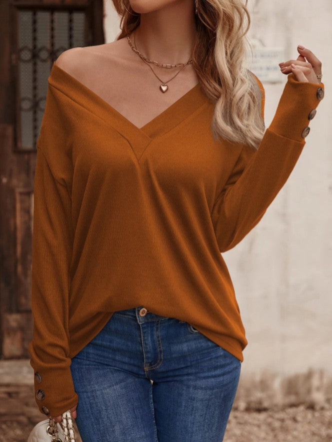 Deep V Neck Top With Button Cuffs - Orange