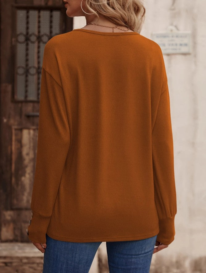 Deep V Neck Top With Button Cuffs - Orange - 1
