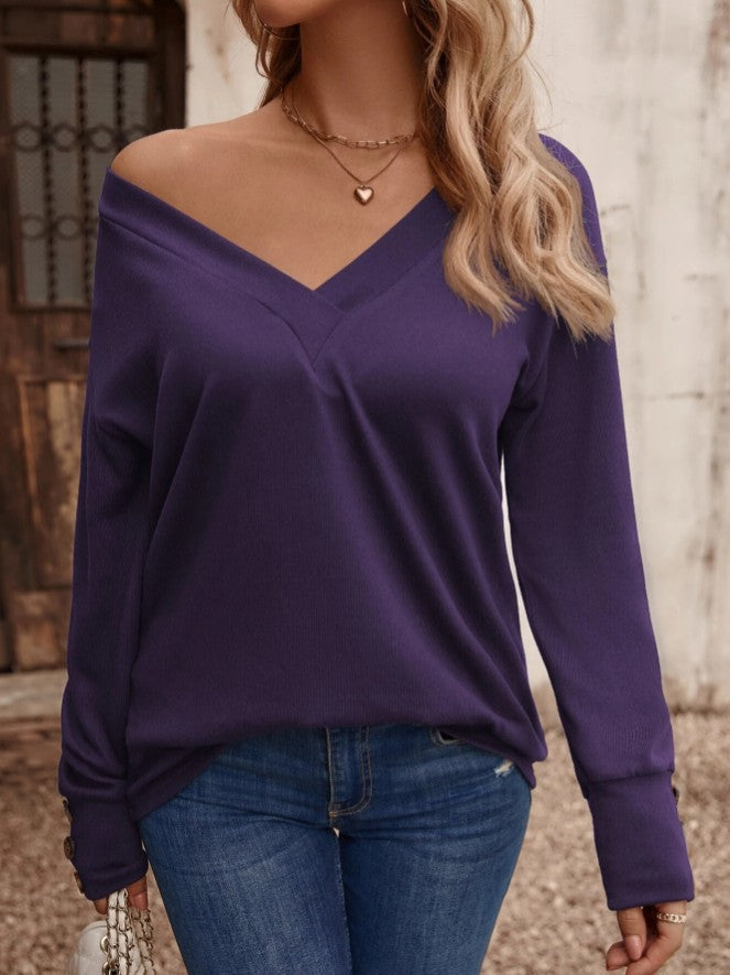 Deep V Neck Top With Button Cuffs - Purple - 1
