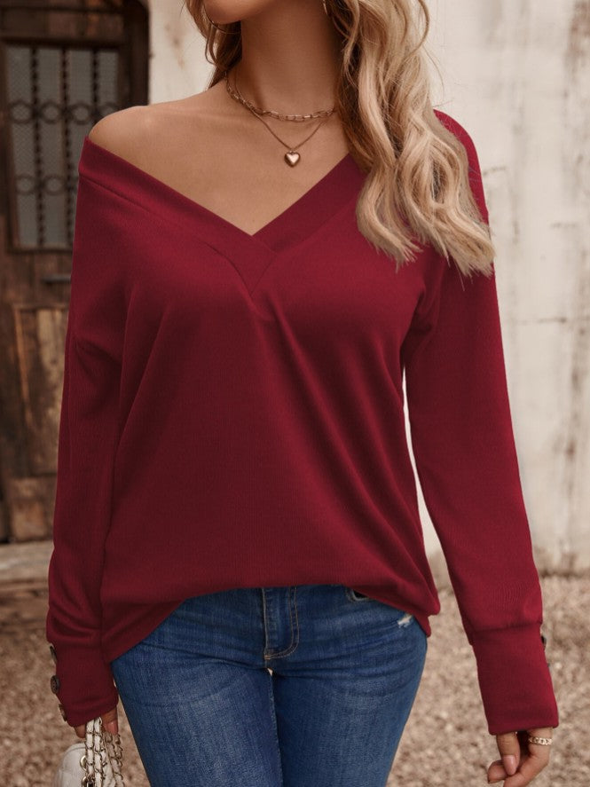 Deep V Neck Top With Button Cuffs - Winered - 1