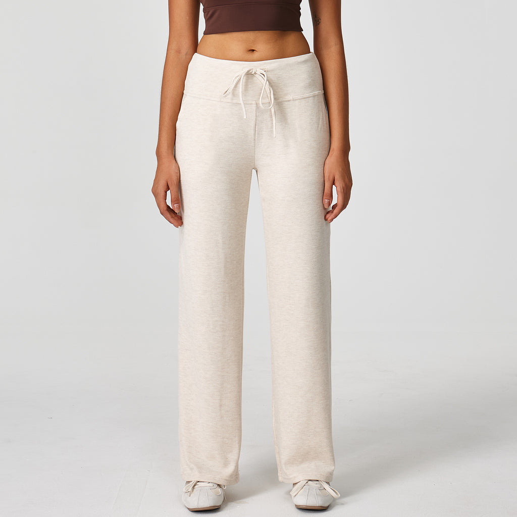 Soft Knit Drawstring Straight Leg Pants - Apricot