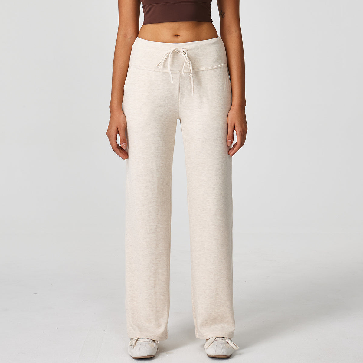 Soft Knit Drawstring Straight Leg Pants - Apricot