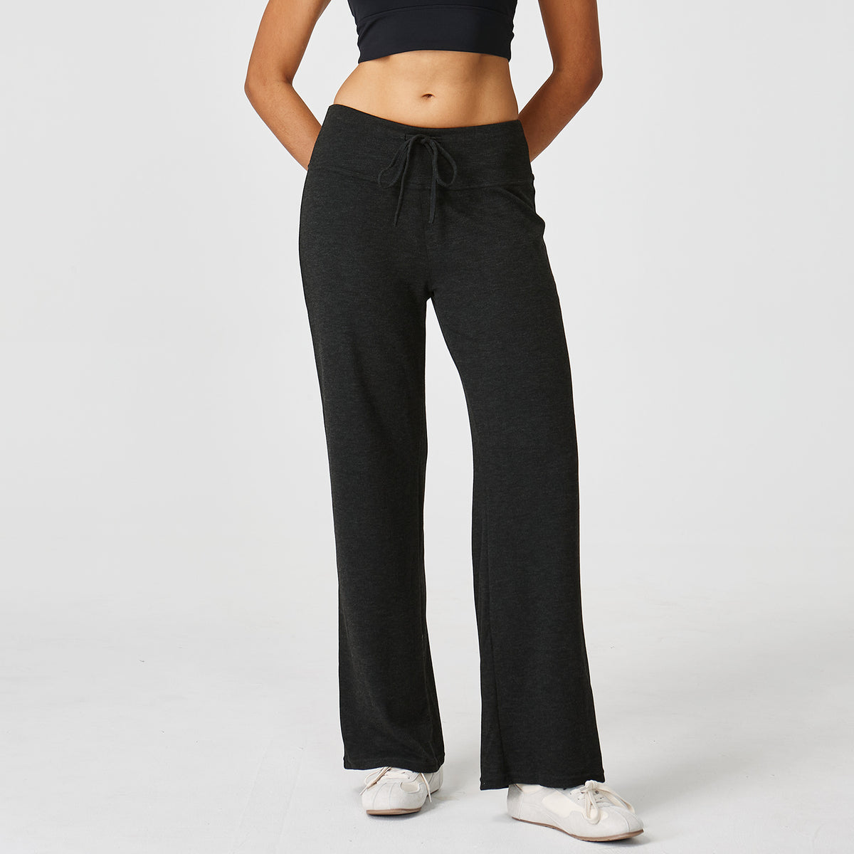 Soft Knit Drawstring Straight Leg Pants - Black