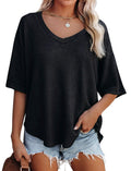 Slouchy Waffle Knit V Neck Short Sleeve Tee - Black