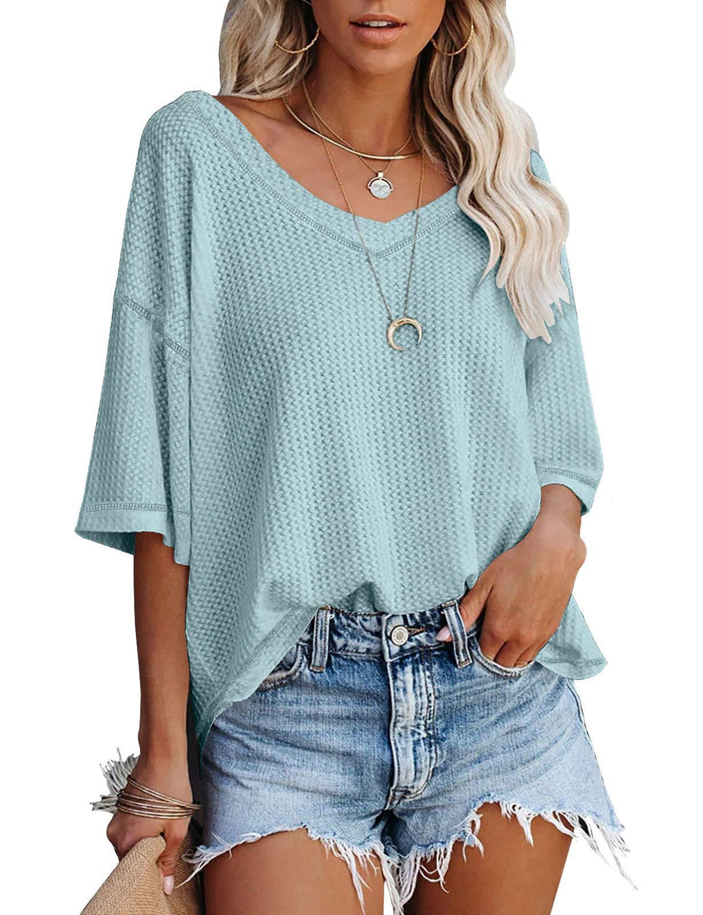 Slouchy Waffle Knit V Neck Short Sleeve Tee - Blue