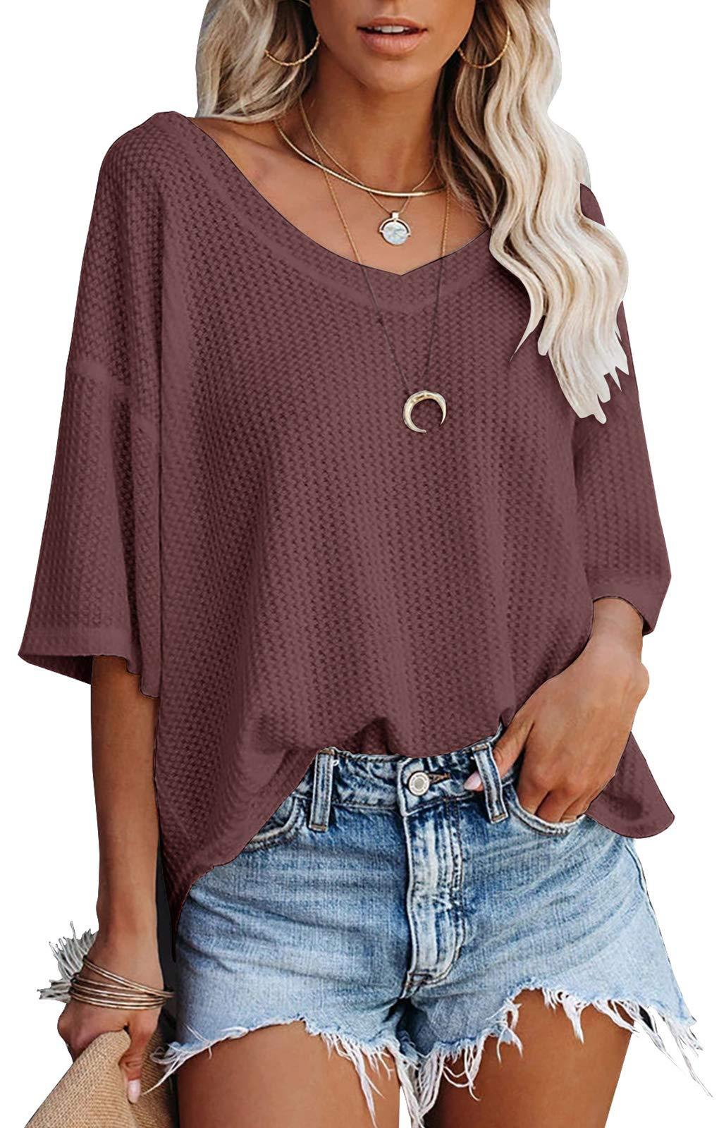 Slouchy Waffle Knit V Neck Short Sleeve Tee - Chestnut