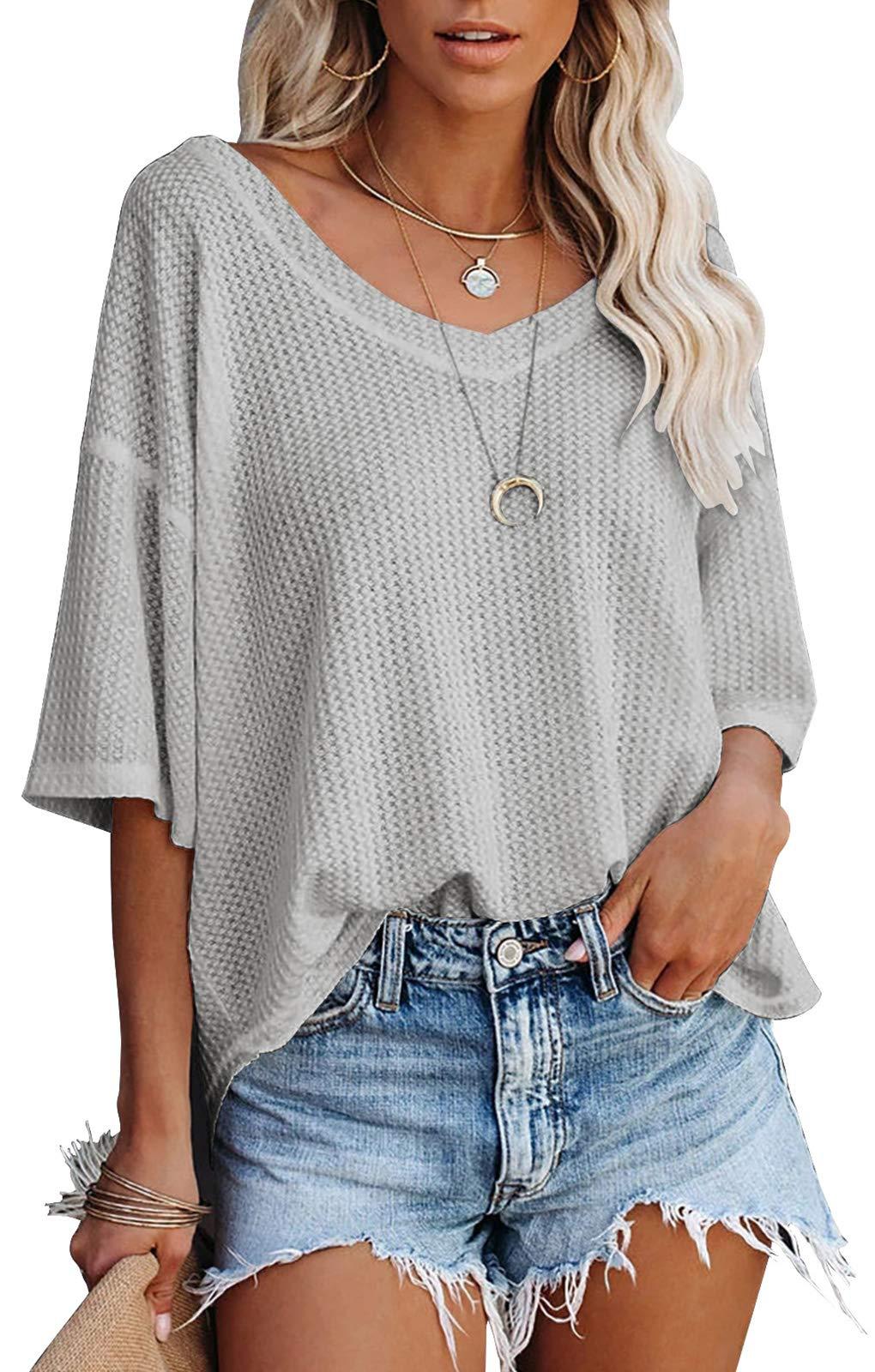 Slouchy Waffle Knit V Neck Short Sleeve Tee - Gray