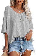Slouchy Waffle Knit V Neck Short Sleeve Tee - Gray
