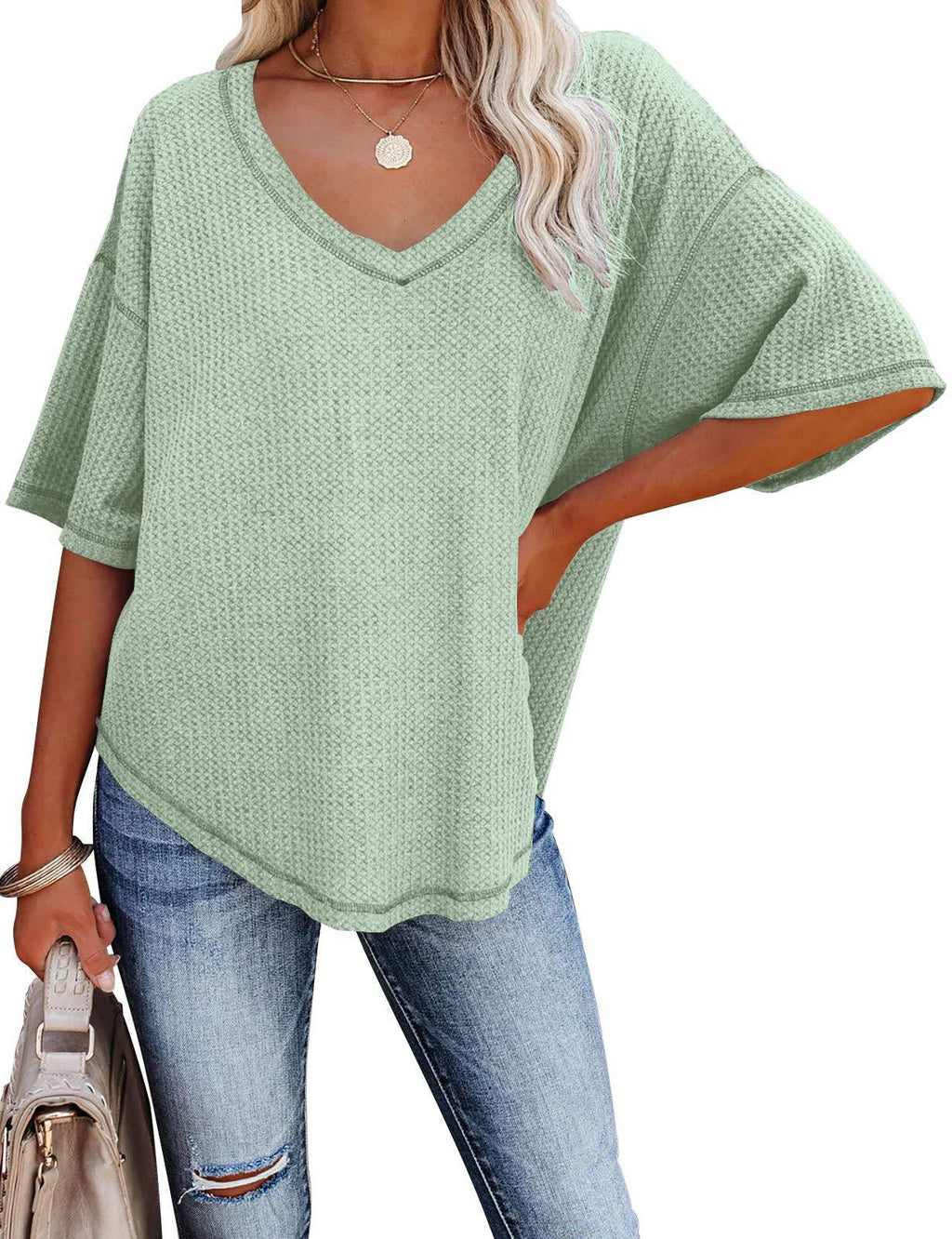 Slouchy Waffle Knit V Neck Short Sleeve Tee - Green