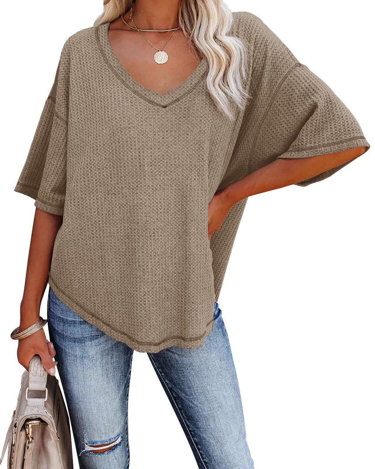 Slouchy Waffle Knit V Neck Short Sleeve Tee - Khaki