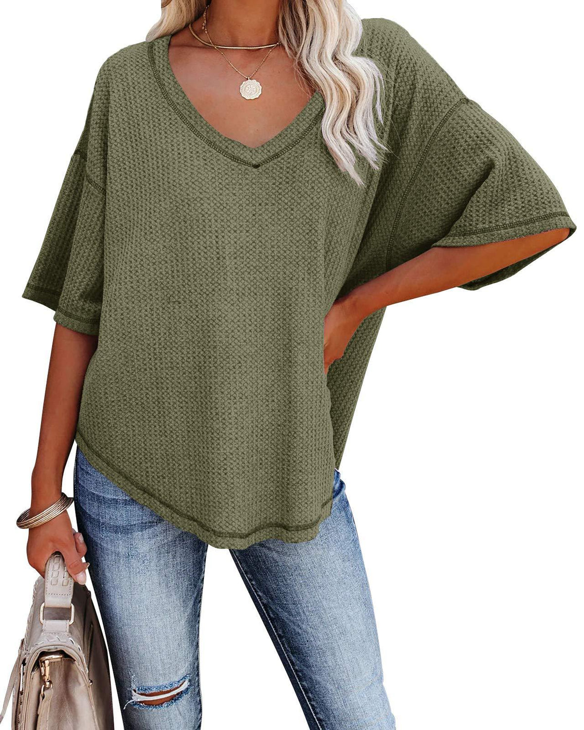 Slouchy Waffle Knit V Neck Short Sleeve Tee - OliveGreen